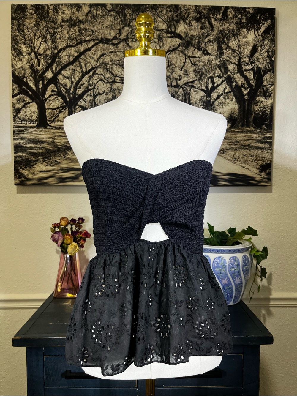 NWT ZARA COMBINATION Cotton KNIT Eyelet STRAPLESS TOP - Picture 5 of 14